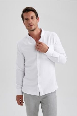 Рубашка приталенного кроя с длинным рукавом , белый DeFacto