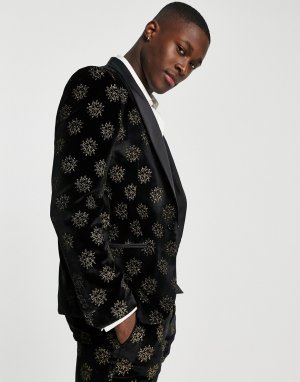 Облегающий черный пиджак с фольгированным золотистым принтом звезд Westgate-Черный цвет Twisted Tailor