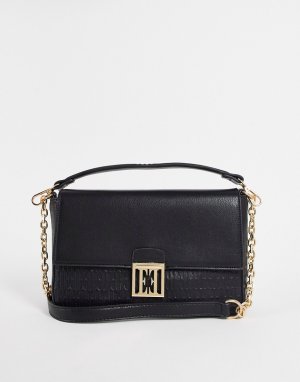 Черная сумка через плечо с золотистой цепочкой и откидным клапаном -Черный цвет Elle