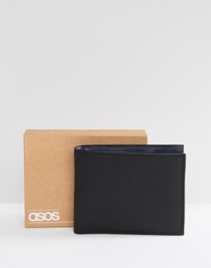 Черный кожаный бумажник с синим внутренним кармашком для монет ASOS. Цвет: черный