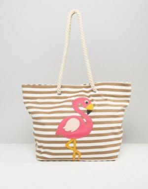 Пляжная сумка с фламинго Chateau. Цвет: бежевый