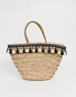 Пляжная плетеная сумка с кисточками Missguided. Цвет: коричневый