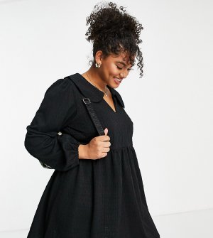 Черное фактурное платье мини с присборенной юбкой, большим воротником и длинными рукавами ASOS DESIGN Curve-Черный цвет Curve