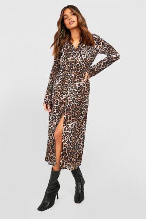 Леопардовое платье-рубашка миди , коричневый Boohoo