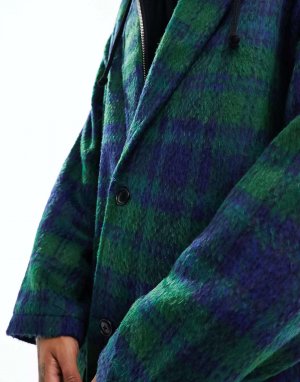 Оверсайзное шерстяное пальто в зелено-синюю клетку ASOS. Цвет: зеленый