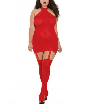 Женское прозрачное платье с подвязками на бретельках больших размеров, комплект нижнего белья и чулками , красный Dreamgirl