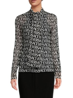 Шелковая блузка с логотипом , цвет Black White Versace