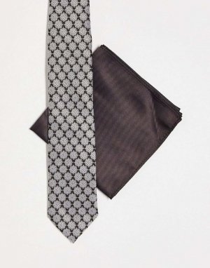 Узкий галстук и нагрудный платок DESIGN в коричнево-кремовом стиле 70-х годов Asos
