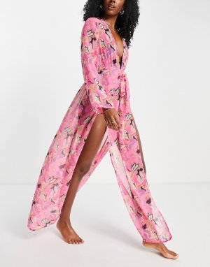 Пляжное кимоно макси с цветочным принтом и завязкой спереди -Разноцветный ASOS DESIGN