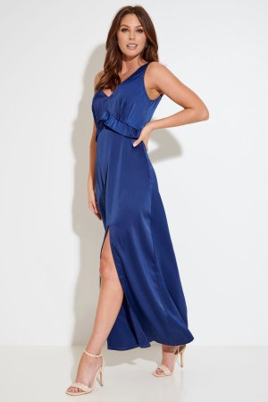 Атласное платье макси Millie с глубоким вырезом , синий Pour Moi