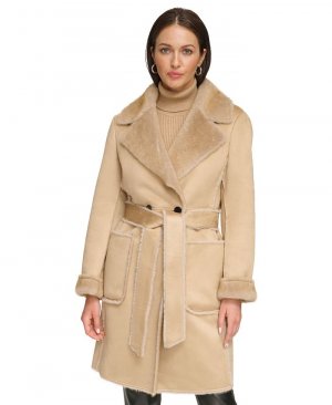 Женское пальто из искусственной дубленки с поясом и зубчатым воротником , тан/бежевый DKNY