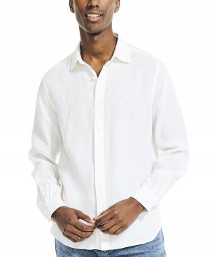 Мужская однотонная льняная рубашка классического кроя с длинными рукавами и пуговицами , белый Nautica
