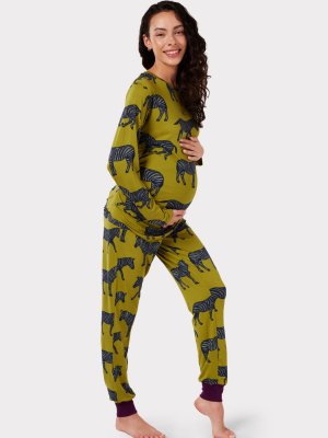 Длинный пижамный комплект для беременных из переработанного материала с принтом зебры, цвет хаки/мульти Chelsea Peers