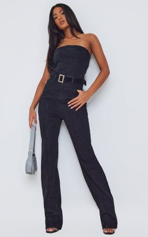 Высокий черный джинсовый комбинезон-бандо с прямыми штанинами PrettyLittleThing