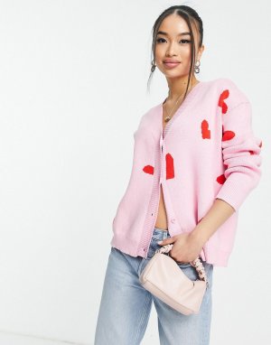 Розовый вязаный кардиган с принтом сердечек от комплекта -Розовый цвет Style Cheat