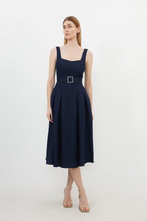 Льняное платье миди премиум-класса с квадратным вырезом и поясом , темно-синий Karen Millen