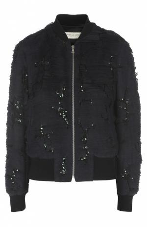 Куртка-бомбер на молнии с оборками и пайетками Dries Van Noten. Цвет: темно-синий