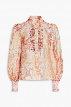 Блуза из льна и органзы с рюшами цветочным принтом ZIMMERMANN, персиковый Zimmermann