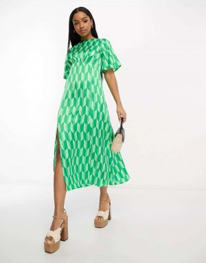 Зеленое атласное чайное платье миди с абстрактным принтом Influence