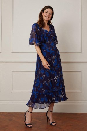 Платье миди с цветочным принтом и рюшами , синий Wallis