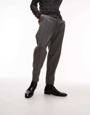 Серые прямые костюмные брюки из смесовой шерсти с узором «елочка» Premium Limited Edition Topman. Цвет: серый