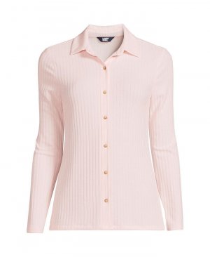 Женская рубашка поло с длинными рукавами и широкими пуговицами в рубчик спереди больших размеров Lands' End, розовый Lands' End