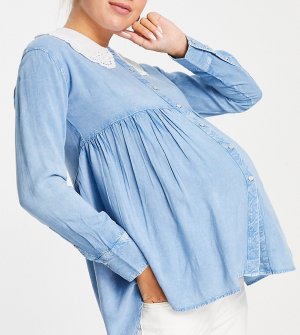 Рубашка из ткани шамбре с баской и вышивкой на воротнике -Голубой Violet Romance Maternity