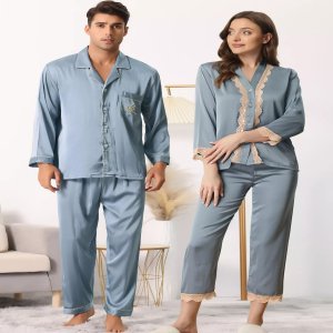 Мужская одежда для сна с длинным рукавом, рубашка на пуговицах, брюки, одинаковые пижамные комплекты пар cheibear