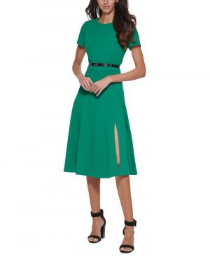 Женское платье миди с короткими рукавами и поясом , зеленый Calvin Klein