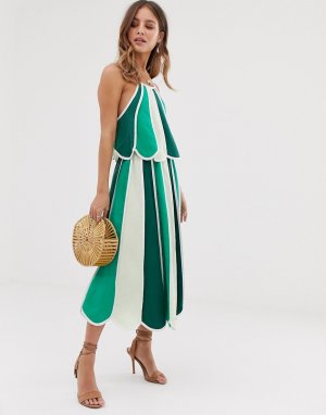 Зеленая юбка миди с контрастной полоской -Зеленый White Sand