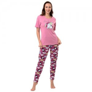 Комплект , футболка, брюки, короткий рукав, пояс на резинке, трикотажная, карманы, размер 54, розовый Натали. Цвет: розовый
