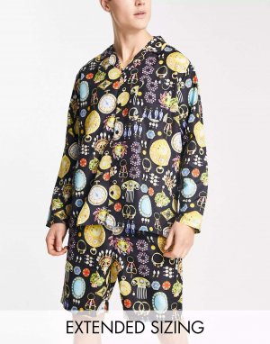 Черный плетеный пижамный комплект из рубашки с длинными рукавами и шорт разноцветным принтом ASOS