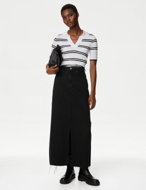 Джинсовая длинная юбка с разрезом спереди , черный Marks & Spencer