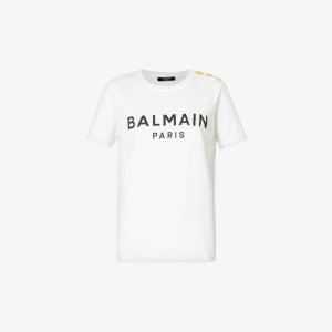 Футболка из хлопкового джерси с фирменным принтом и золотистой фурнитурой , цвет blanc noir Balmain