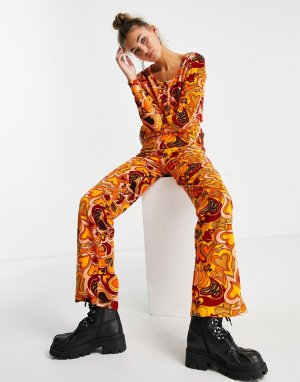 Расклешенные велюровые брюки оранжевого цвета с принтом в виде сердечек -Оранжевый цвет New Girl Order