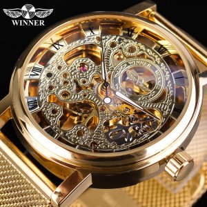 Тонкий корпус полный золотой дизайн ретро ажурные часы с сетчатым ремешком мужские механические лучший бренд класса люкс со светящимися стрелками WINNER
