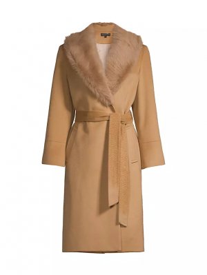 Шерстяно-кашемировое пальто с воротником из дубленки и поясом , цвет camel Sofia Cashmere