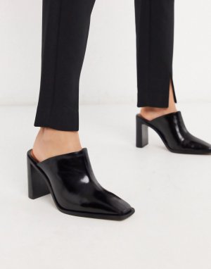 Черные кожаные мюли на каблуке с квадратным носком -Черный Chio