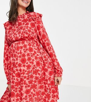 Красное платье мини с оборками и цветочным принтом -Красный New Look Maternity
