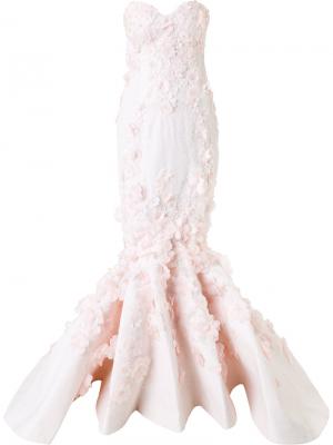 Кружевное длинное платье без бретелей Mikael D.. Цвет: розовый и фиолетовый