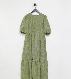 Зеленое ярусное платье миди в клетку с присборенной юбкой и завязкой -Черный цвет New Look Tall