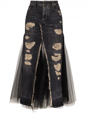 Джинсовая юбка миди со вставками из тюля UNRAVEL PROJECT. Цвет: черный