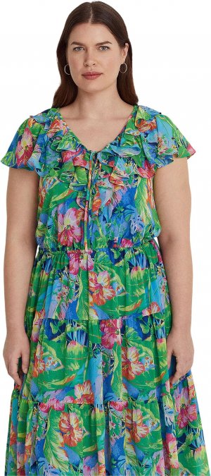 Многоярусное платье из жатого жоржета больших размеров с цветочным принтом LAUREN Ralph Lauren, цвет Green/Blue Multi