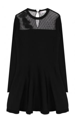 Вязаное мини-платье с длинным рукавом и кружевной вставкой REDVALENTINO. Цвет: черный