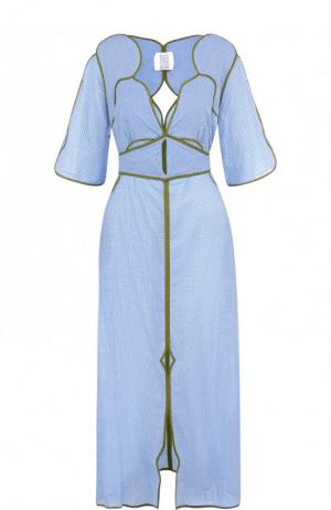 Хлопковое платье-миди с глубоким вырезом и поясом Rosie Assoulin. Цвет: голубой
