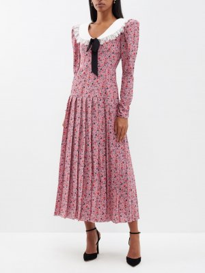 Шелковое платье миди с кружевным воротником и принтом , розовый Alessandra Rich