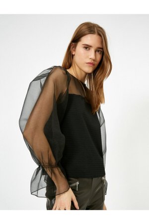 Женская блузка с рукавами из органзы и детальной отделкой , черный Koton