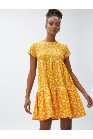 Платье с цветочным принтом и круглым вырезом, удобный крой короткими рукавами , желтый Koton