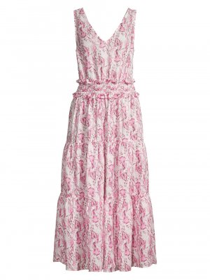 Ярусное платье-миди из льна Resort с цветочным принтом, розовый 120% Lino