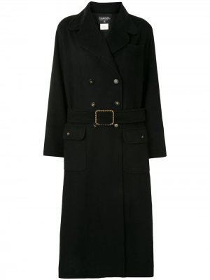 Длинное двубортное пальто 1995-го года с поясом Chanel Pre-Owned. Цвет: черный